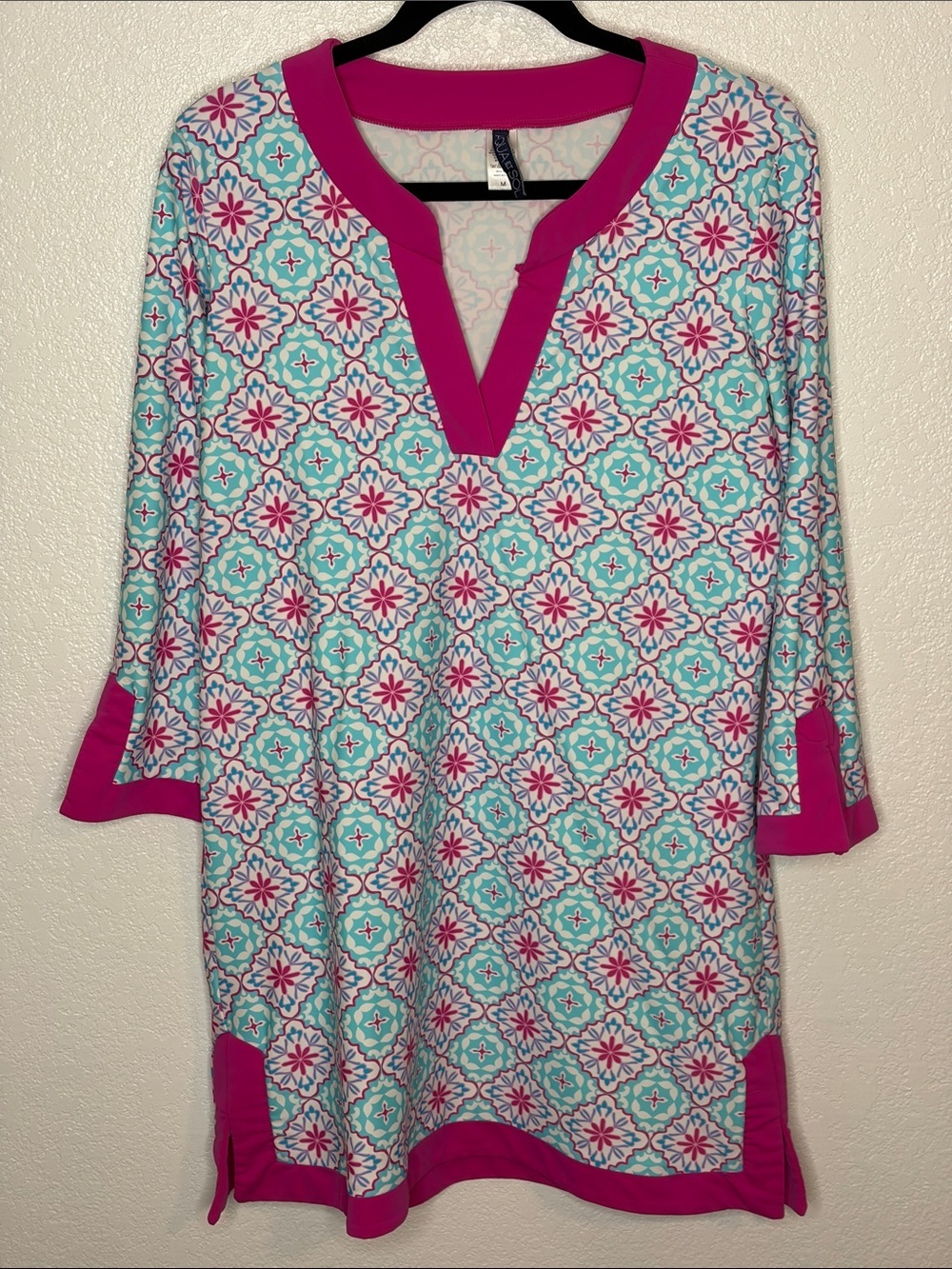 Aqua Et Sol Blue & Pink Mandala Print Swim Coverup Dress Size Medium Resort Wear